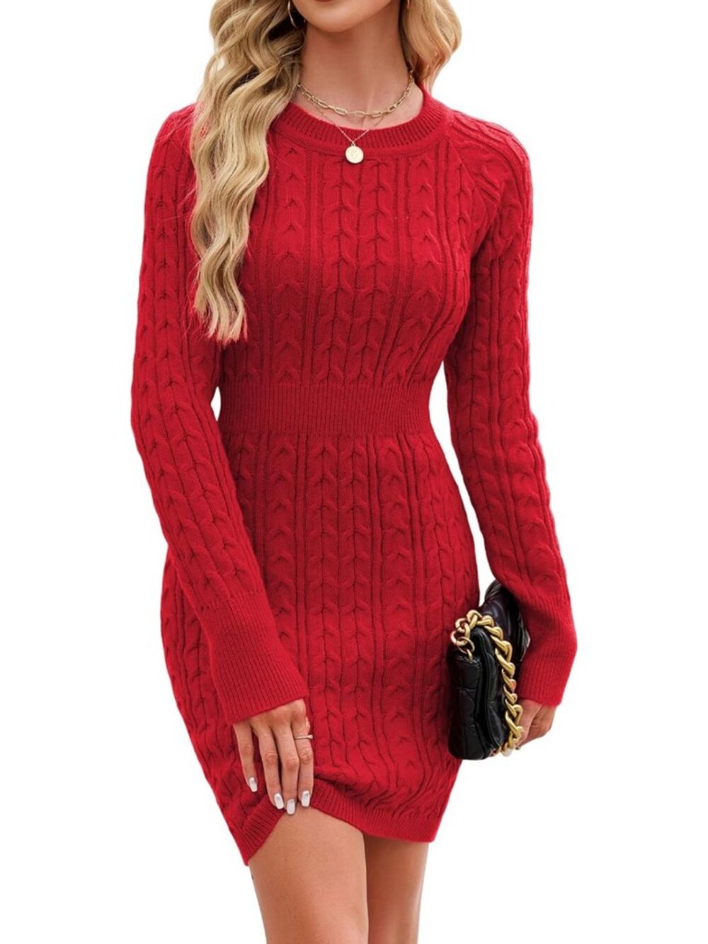 Cozy Cable Knit Sweater Dress - Crew Neck Bodycon for Fall & Winter Fashion